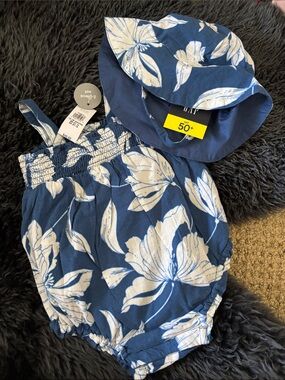 GAP Blue and White Floral Baby Romper with Straps